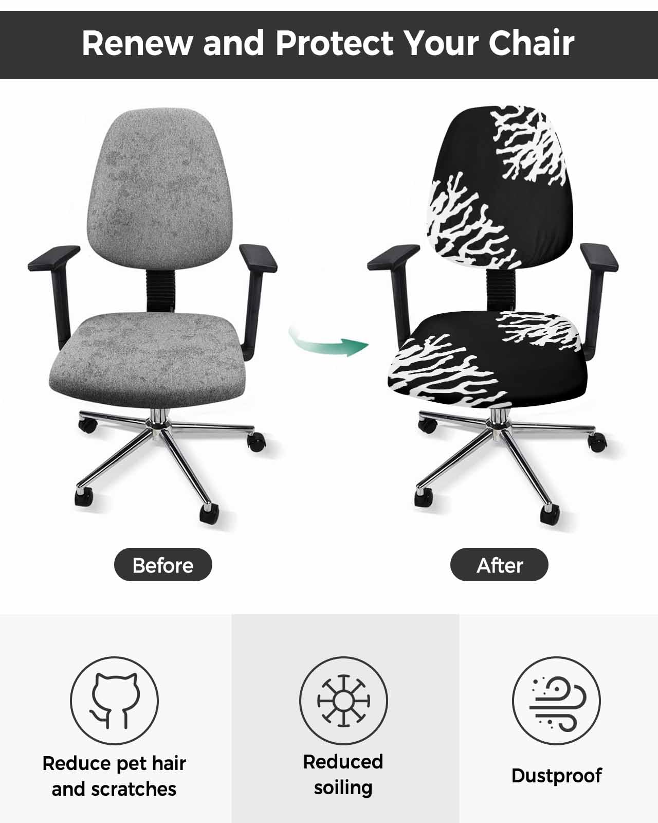 Black Coastal Coral 2 Pieces Computer Office Chair Covers Set,Stretchable Desk Rotating Chair Seat Cushion Slipcover Back Covers,Modern Minimalist Marine Life Slipcover Back Cover,Protectors Cover