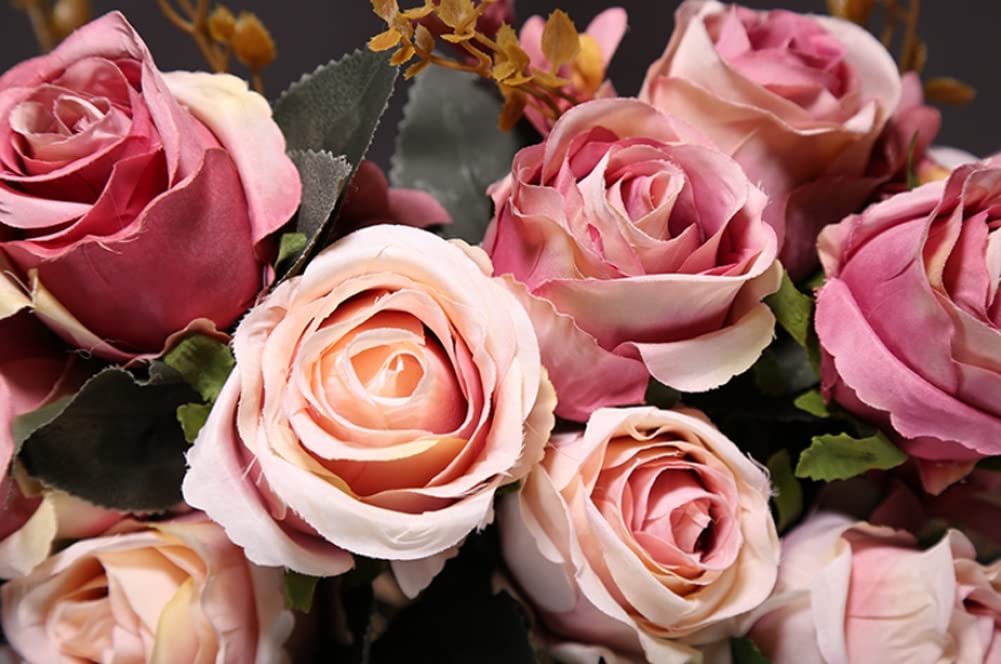 Fiori Artificiali Finti, Rose di Seta con Stelo, Bouquet per Matrimoni, Feste e Decorazioni per la casa. Composizione con 6 Rose e 3 boccioli.