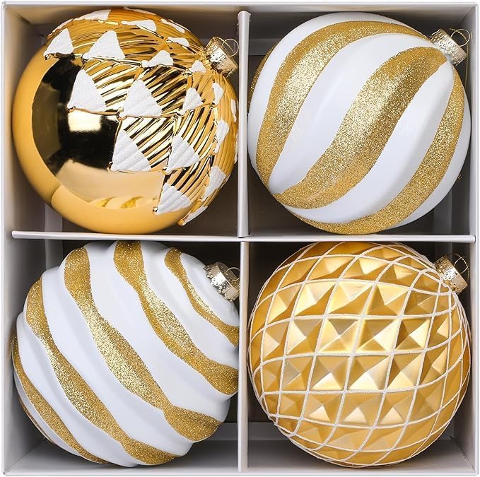 alupssuc 6''/150mm large christmas ball ornaments, 4pcs christmas tree decor, shatterproof hanging decorations with hooks, gold & white baubles for xmas tree, wedding, holiday and party decor gold white