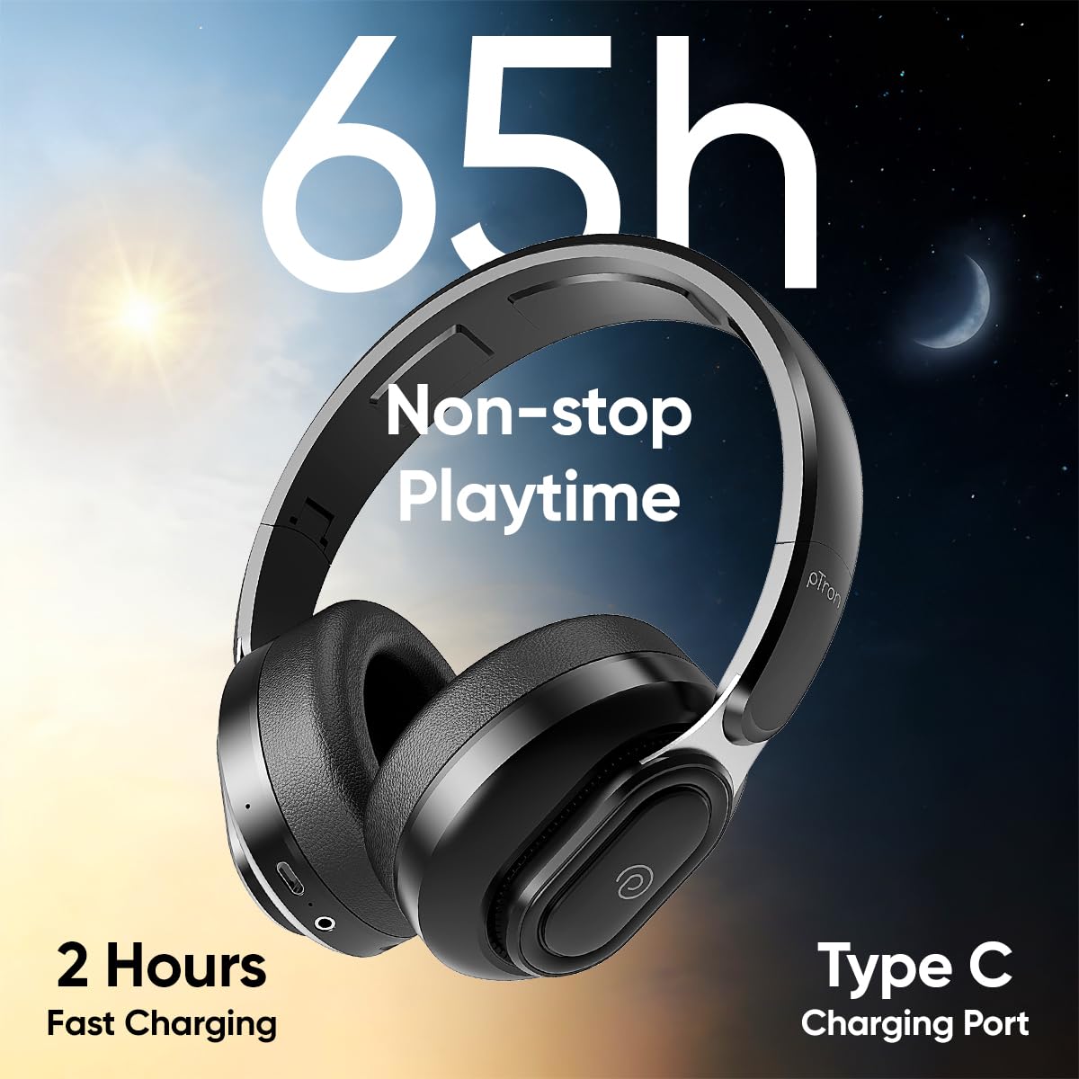 pTron Studio Urban V2, 40dB ANC Wireless Over-Ear Headphones, 65Hrs Playtime, Dual-device Pairing, 40mm Bass Drivers, TruTalk AI-ENC Calls, Custom EQ, 3.5mm Aux, Bluetooth v6.0, Type C Charging (Onyx) — Amazon image 2