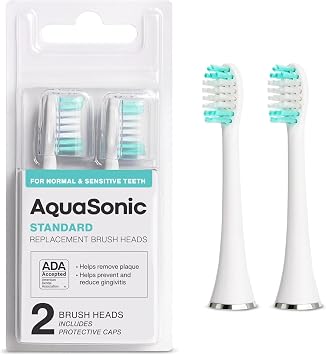 AquaSonic Genuine Standard Replacement Brush Heads | ADA Accepted | for Normal & Sensitive Teeth | Compatible with Many AquaSonic Toothbrush Handles 2 Pack White
