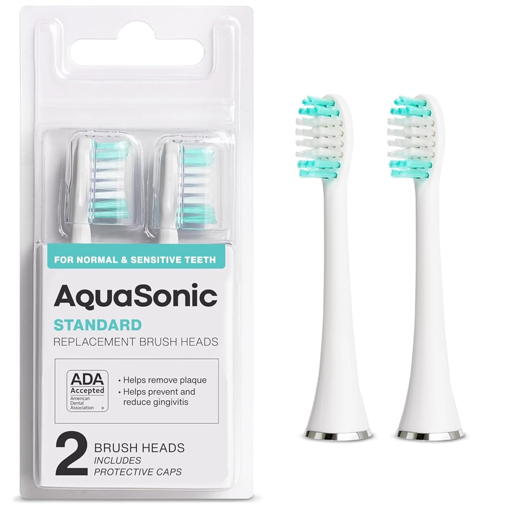 AquaSonic Genuine Standard Replacement Brush Heads | ADA Accepted | for Normal & Sensitive Teeth | Compatible with Many AquaSonic Toothbrush Handles (2 Pack White)
