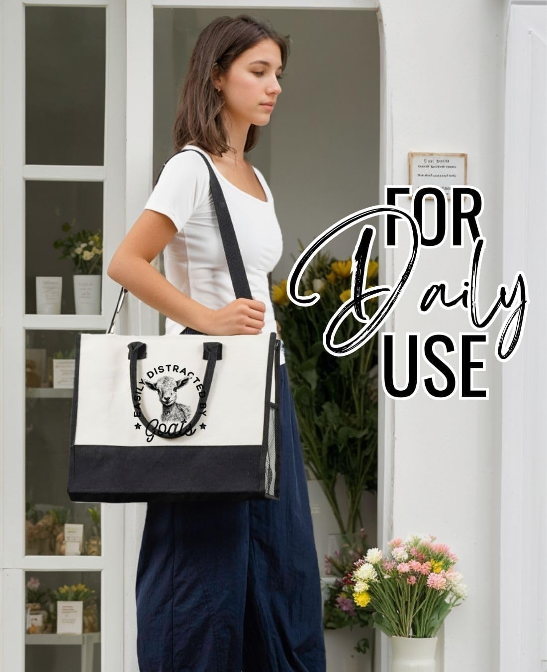 InnoBeta Goat Gifts Canvas Tote Bag for Goat Lovers, Girls, Women, Goat Bag with Top Zipper Closure and Shoulder Strap, Farm Gifts for Birthday, Mother's Day, Thanksgiving, Christmas - Image 7