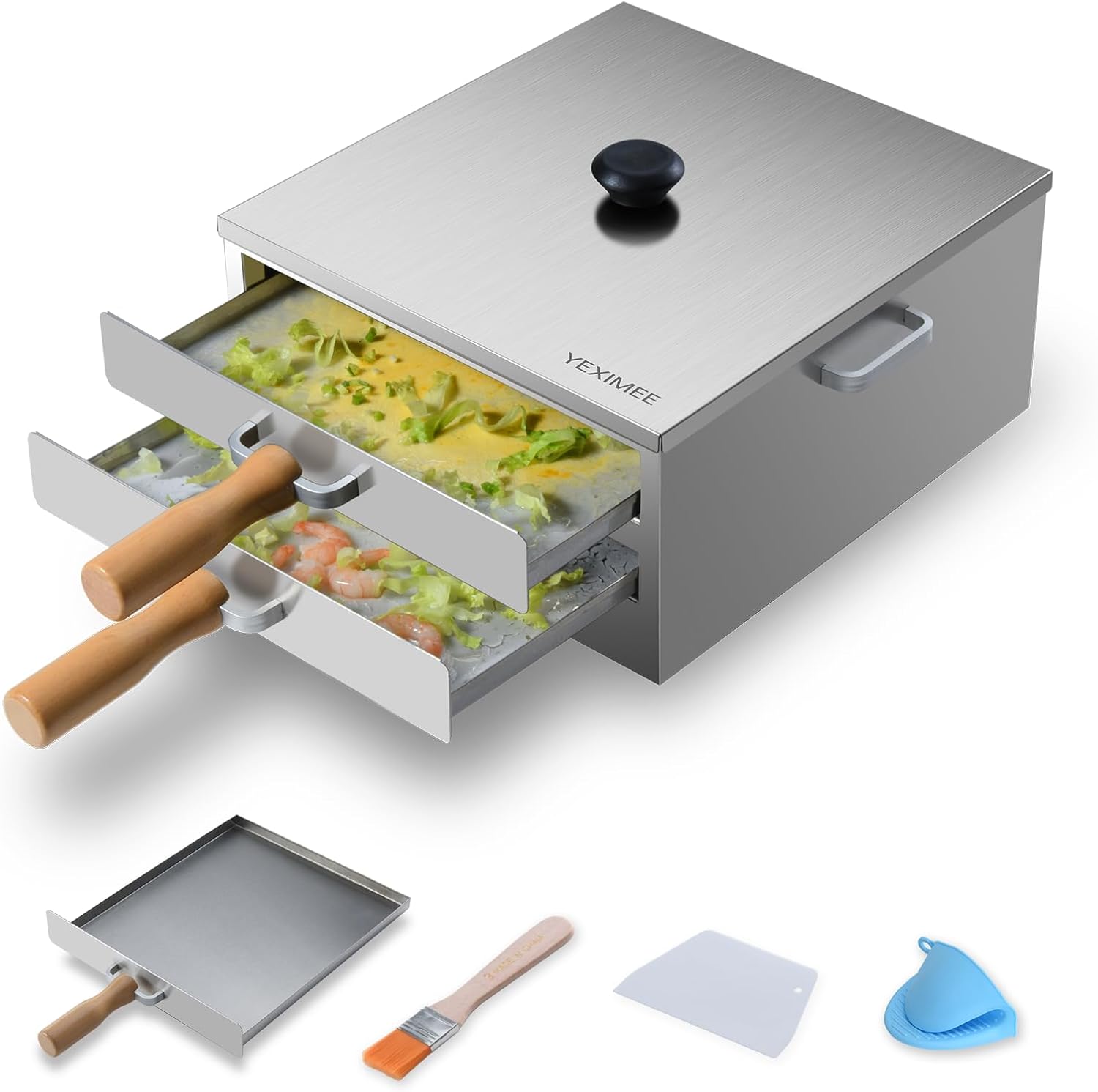 Rice Roll Steamer, Lid Open Stainless Steel Rice Noodle Steamer, Cantonese Cuisine 2-Tier Machine, Commercial Home Noodle with Wooden Handle with Extra Steam Tray