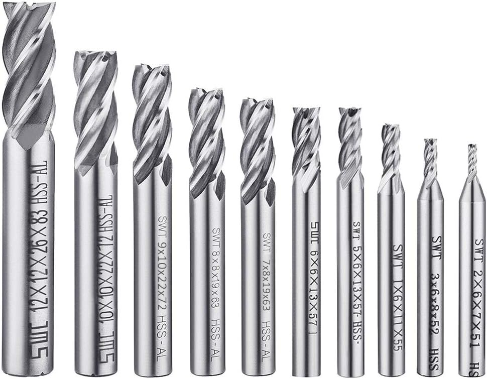 10 pcs 4-Flute End Mill Bits, AFUNTA 0.08" - 0.47" HSS CNC Straight Shank Drill Bits Cutter Tool Set for Wood Aluminum Steel Titanium