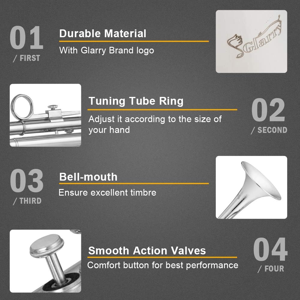 GLARRY Standard Trumpet Brass Bb Trumpet for Students and beginners w/Hard Case, Gloves, 7C Mouthpiece and Trumpet Cleaning Kit (Silver) : Musical Instruments