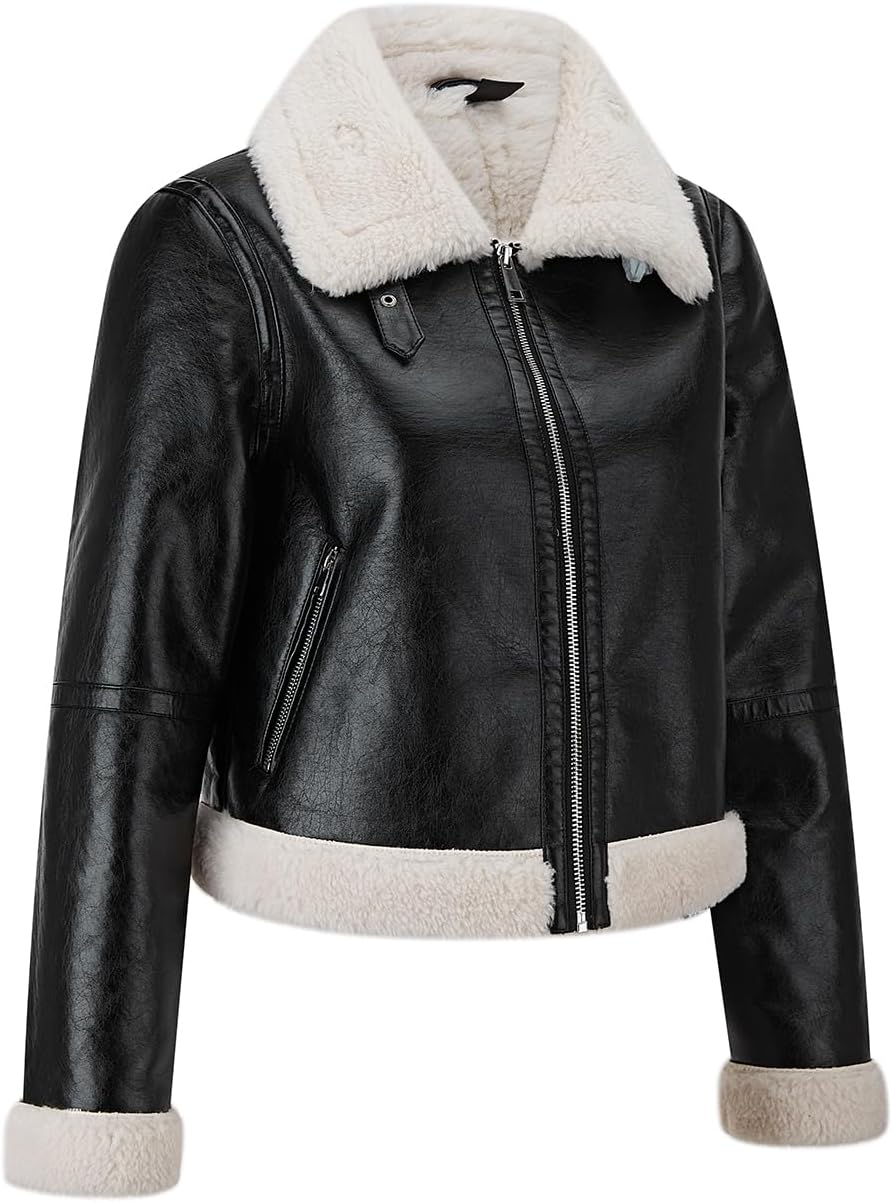 Women Fur Leather Jacket Shearing Cropped Faux Fur Lined Moto Biker Coat