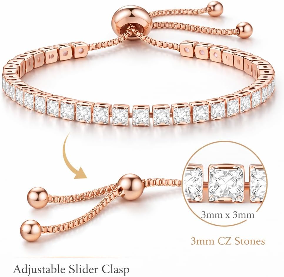 18K Rose Gold Plated CZ Tennis Bracelet for Women, 3mm Dainty Adjustable Slider Bracelet (6–9 Inch), Thin Stackable Cubic Zirconia Jewelry for Daily Wear & Gifts