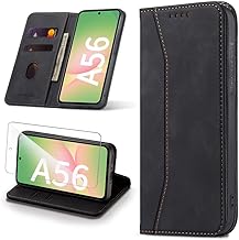 Leaisan Handyhülle für Samsung Galaxy A56 5G Hülle [mit Panzer Schutz Glas] Premium Leder Ständer Kartenfach Magnetische Samsung A56 Klapphülle Stoßfeste Flip Case Schutzhülle Tasche - Schwarz