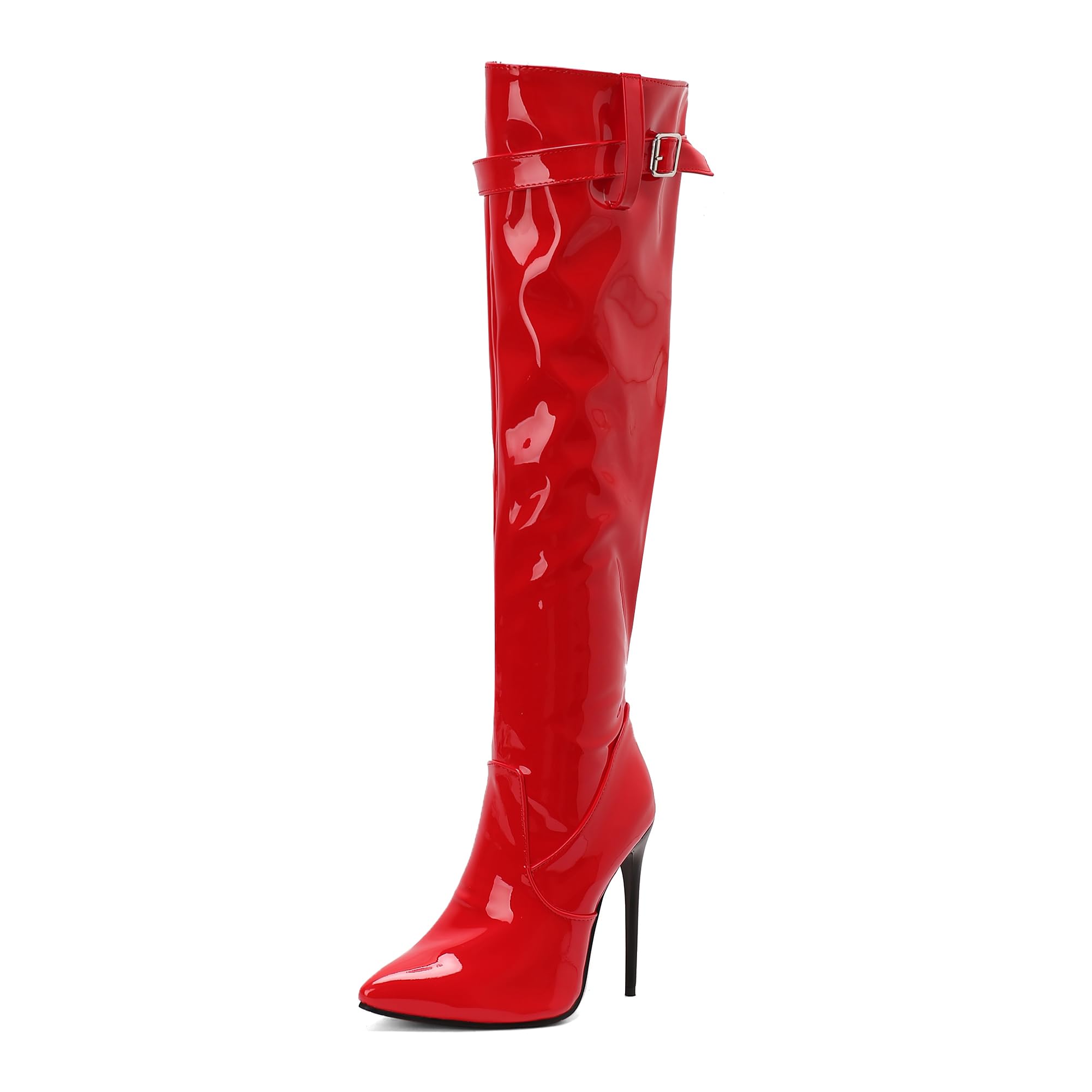 BEAUPAS Womens Patent Leather Over the Knee Boots Stiletto Heel Pointed Toe Boots Buckle