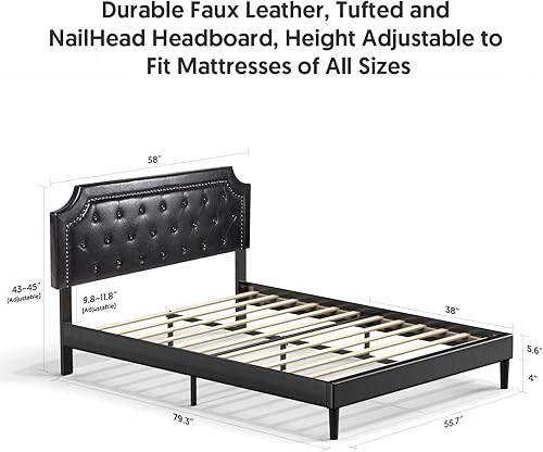 Miniatura 3 de BONSOIR Base de cama tapizada de perfil bajo con cabecera de piel sintética copetuda, no necesita somier, no necesita falda de cama (negro, tamaño