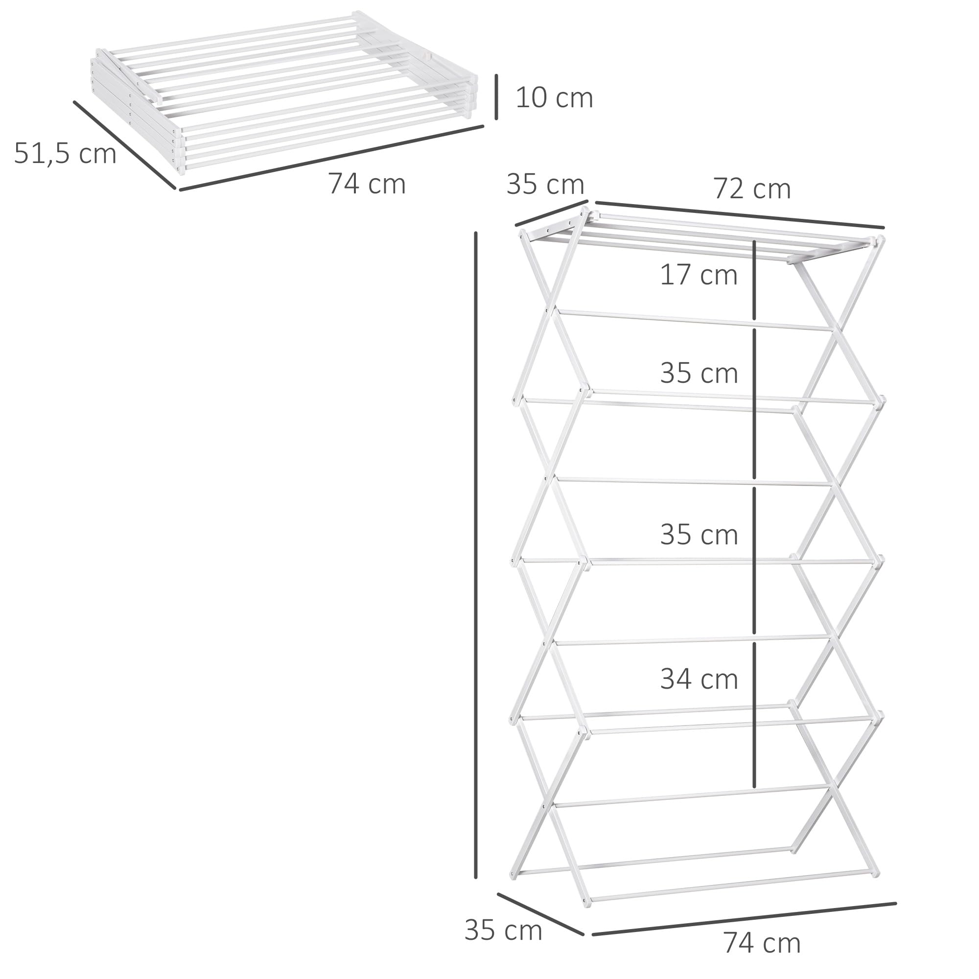HOMCOM Stendibiancheria pieghevole a torre 74x35x144cm Bianco | Stendibiancheria a torre 8 livelli, metallo e plastica, supporto per asciugatura