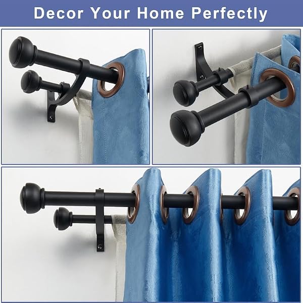 Matte Black Double Curtain Rods, Adjustable Double Rod Curtain Rods 28 to 48 Inch, Decorative Double Window Treatment Rods with Cap Finials, 1-Inch Front and 5/8 Inch Back Double Window Drapery Rod by Yun Nephele - Image 6