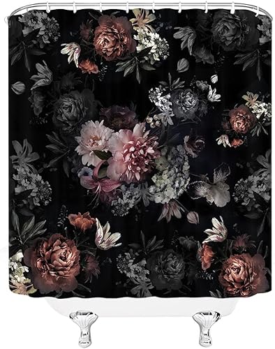 Cortina de ducha bohemia con diseño floral, diseño retro, acuarela, rosa, peonía rústica, hojas vintage, moderna, estética, planta de primavera