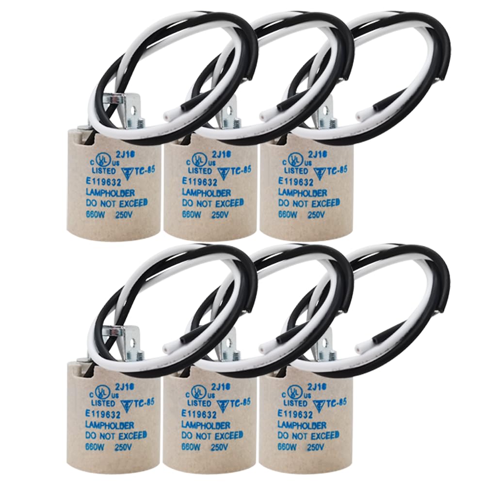 E26 Light Socket, ECHENLED JX-970F E26 Socket Ceramic Standard Medium Screw Socket E27 Bulb Lamp Holder with Wire Lead for Halogen Incandescent LED Light Bulb (6) Pack.