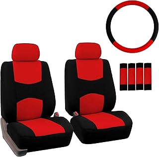 FH Group Car Seat Covers Flat Cloth Front Seats Only Red Automotive Seat Cover, Airbag Compatible Universal Fit Interior Accessories Cars Trucks SUV Combo Steering Wheel Cover & Seat Belt Pads