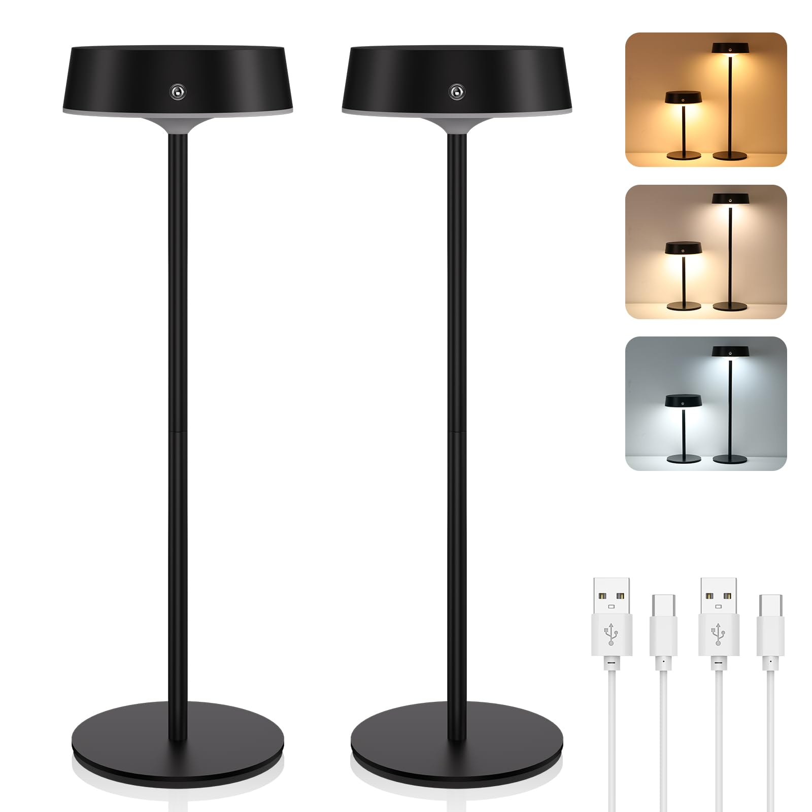 Lampe de Table LED Sans Fil 2 Pièces, Lampe Chevet Rechargeable Tactile, Hauteur Réglable, Luminosité et 3 Températures de Couleur Variables, Aluminium Noir IP65, Pour Salon Chambre