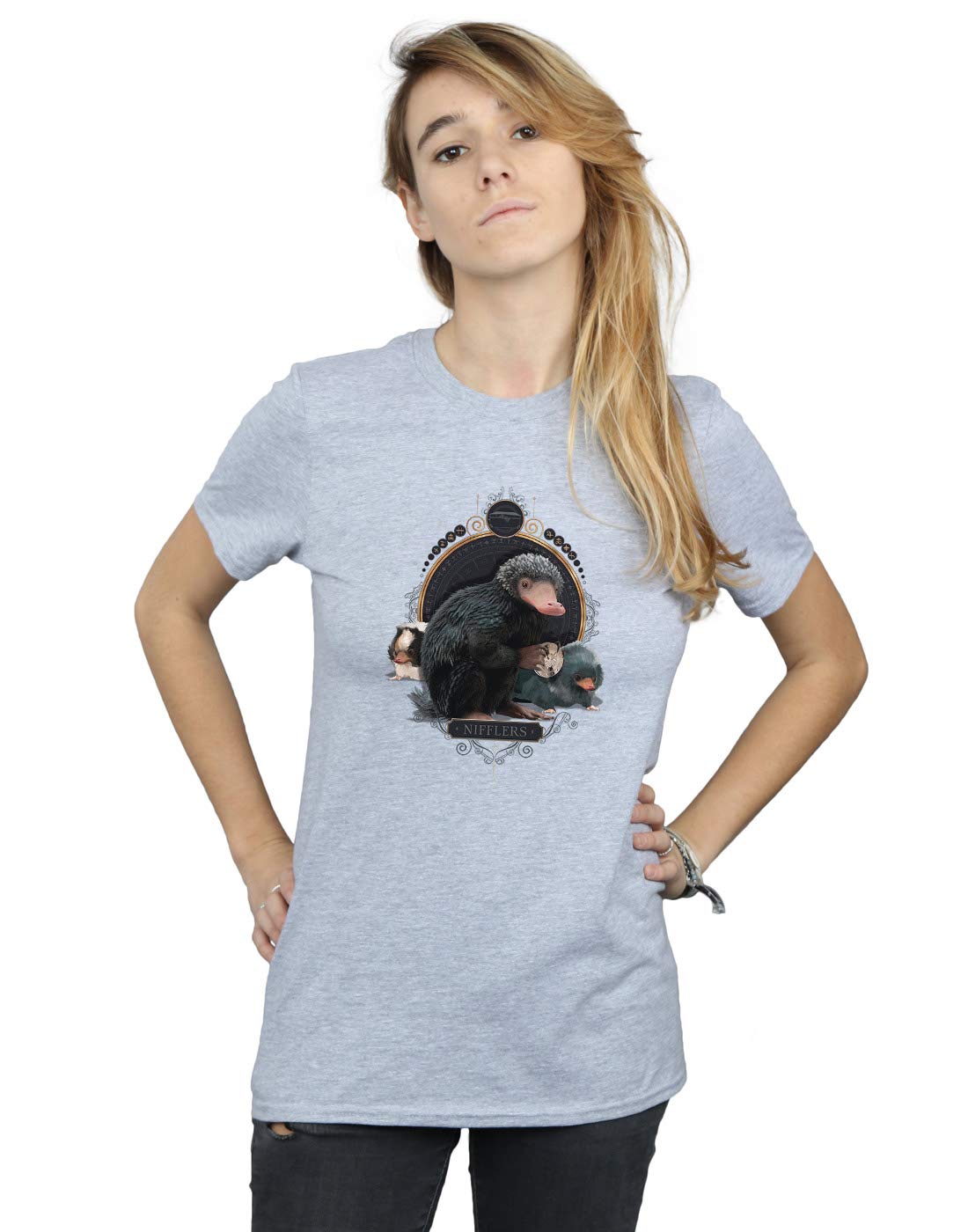 Absolute Cult Women's Sport Grey Fantastic Beasts Baby Nifflers Boyfriend Fit T-Shirt Small