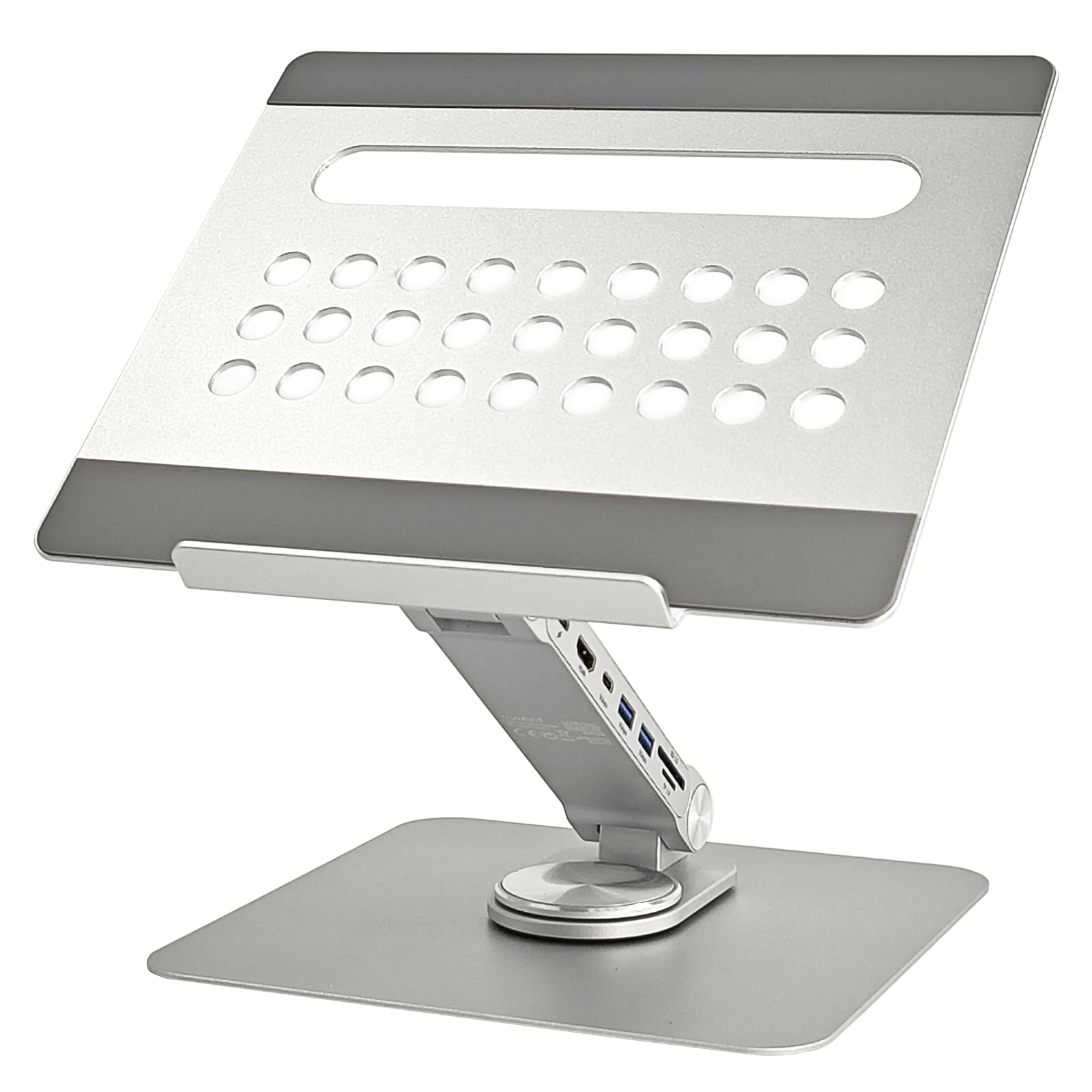Ewent Supporto per Laptop da Scrivania in Lega di Alluminio, Supporto PC Docking Station 7 in 1 con cavo USB-C, Rialzo per Laptop Ergonomico Regolabile in Altezza con Rotazione 360°, Base Antiscivolo