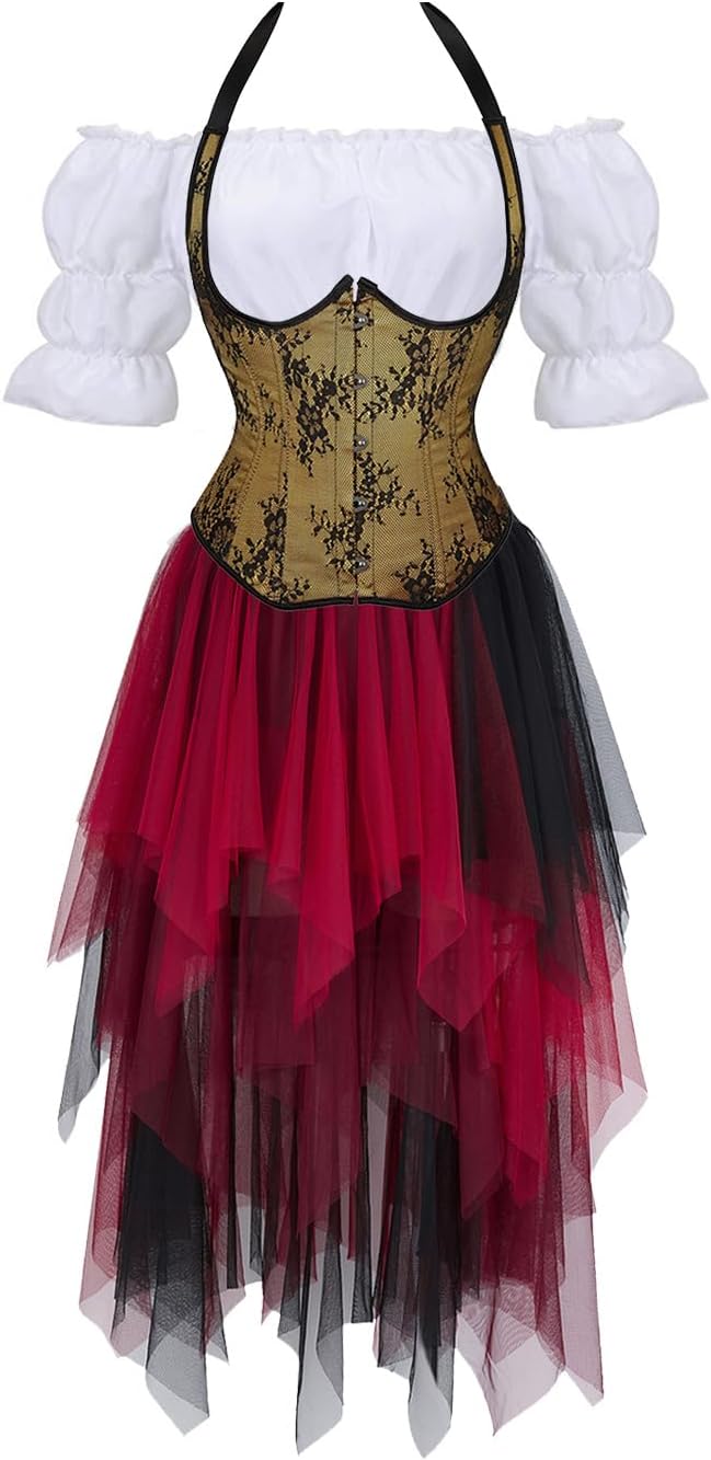 Jutrisujo Underbust Corset with Strap Dress Multi Layer Skirt Tulle Costume Renaissance Plus Size Top Lace up
