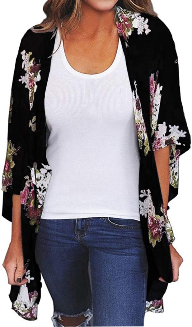 FINOCEANS Womens Floral Chiffon Kimono Cardigans Loose Beach Cover Up Half Sleeve Tops