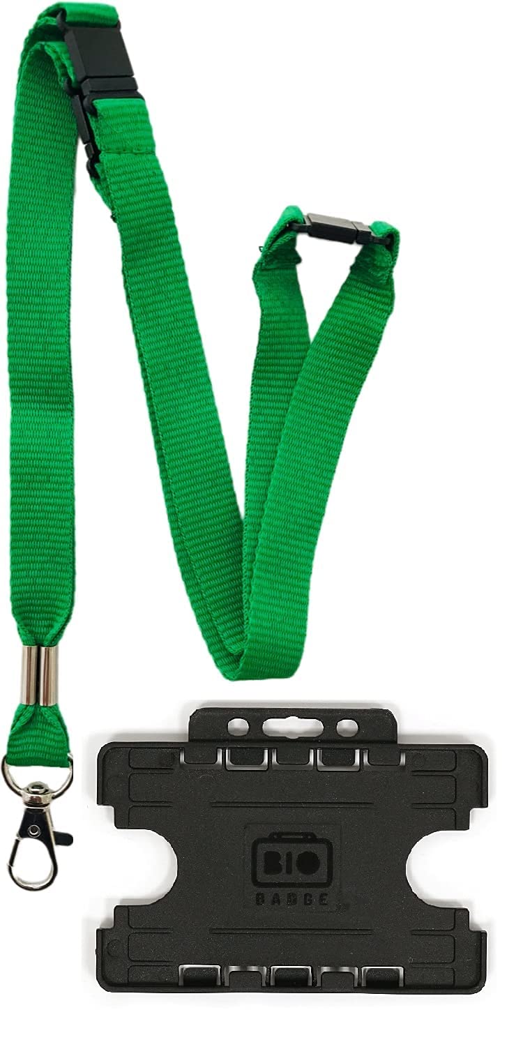 15mm Colourful Neck Lanyard with 3 Point (Triple) Safety Breakaway & Double Black Horizontal ID Card Holder - Choose Your Colour (Green, 5 Lanyards)