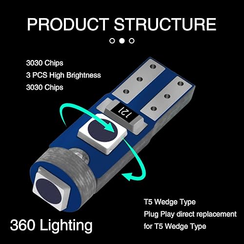 Miniatura 6 de 10 luces LED T5 para tablero de instrumentos de automóvil, 6000 K de alto brillo 3030 3SMD, repuesto de indicador de instrumento de chip, 74 73 37
