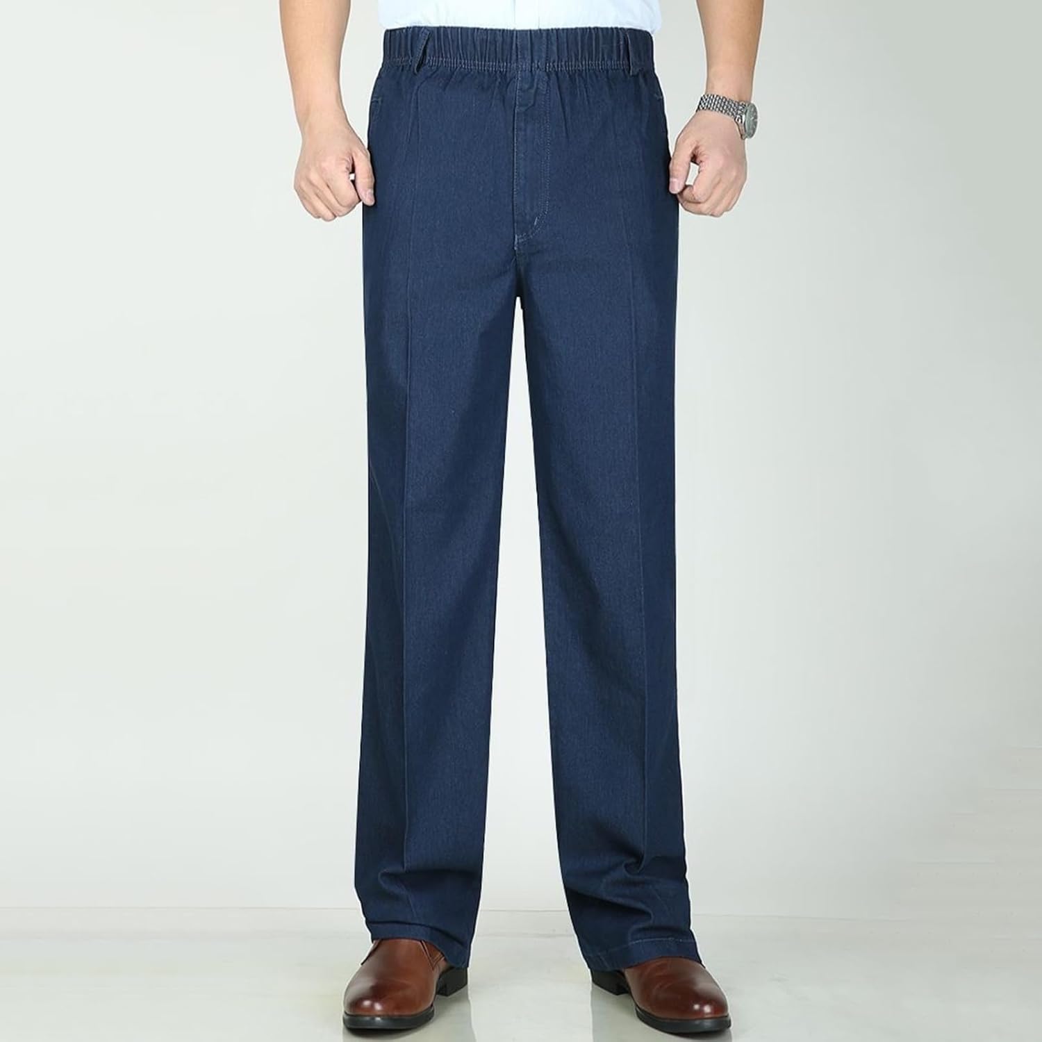 Viatabuna Mens Elastic Waist Jeans for Seniors Stretchy Relaxed Fit Pajama Jeans Pull On Dad Denim Pants with Pockets - Image 2