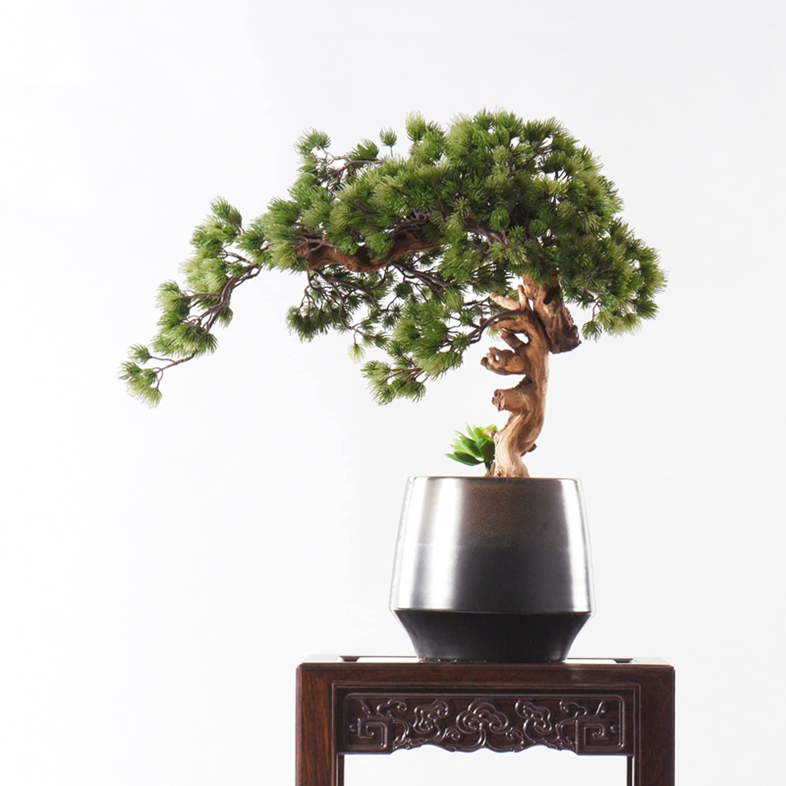 Árbol bonsái artificial Bonsái artificial verde de pino acogedor con simulación suculenta de simulación, planta en maceta, bonsái decorativo, exhibición de escritorio, adornos de maceta de árbol falso