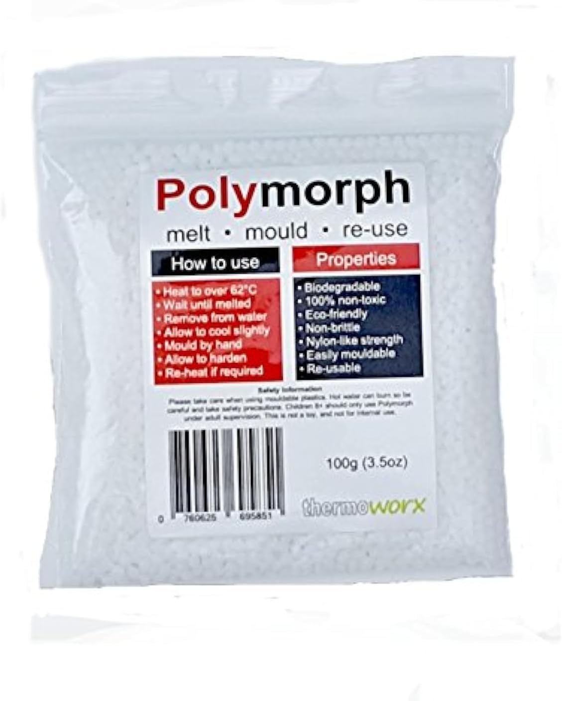 Thermoworx Polymorph 100 Grams. Reusable Hand mouldable thermoplastic Polymer, Biodegradable Material.