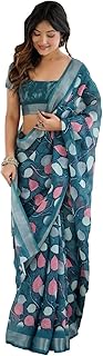 Women's Floral Leaf Printed Fancy Linen Zari Patta Sarees For Women With Blouse Piece,Saree Length-5.50 Mtr,Blouse Length-0.8 Mtr Price in India