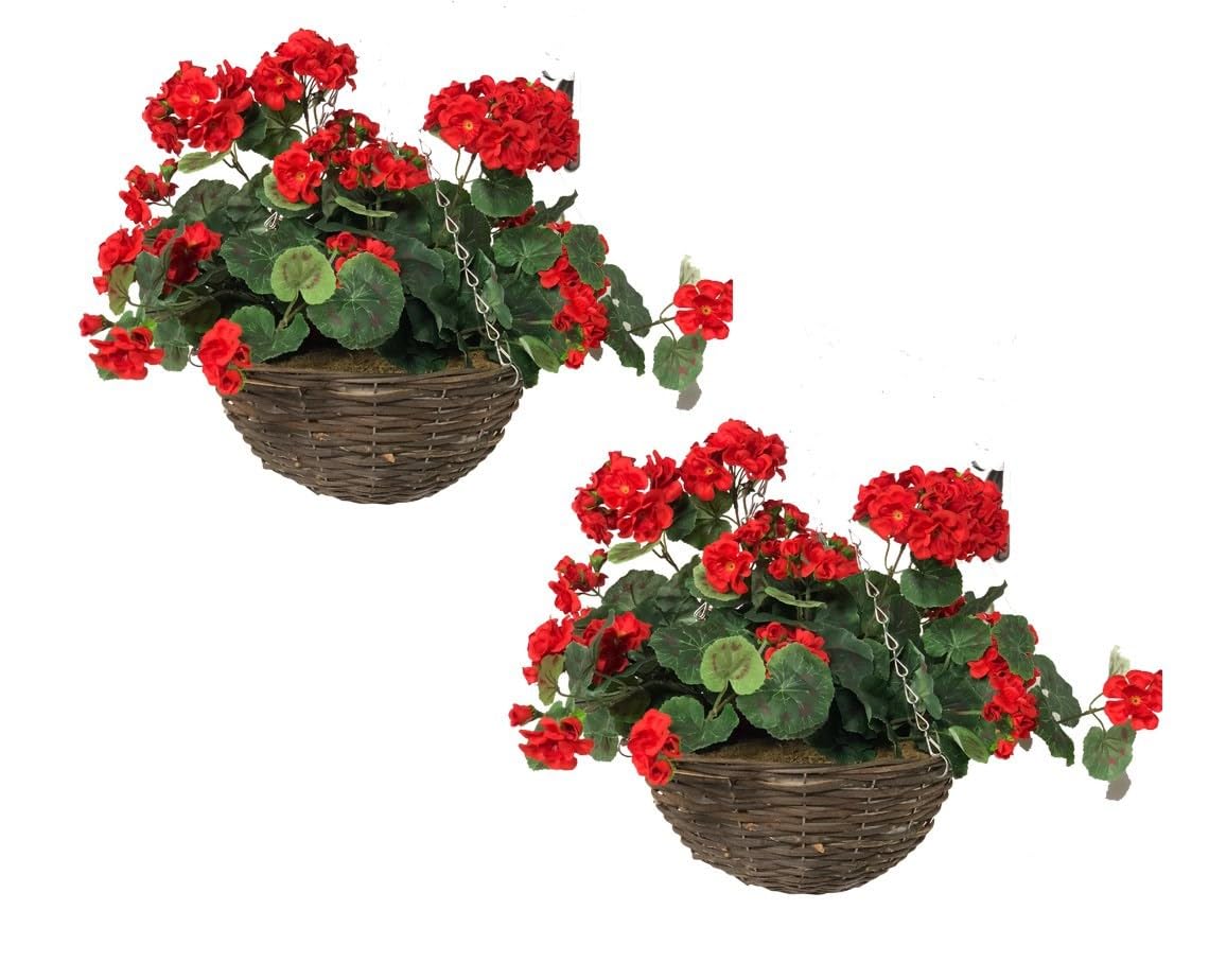 Primrose Red Geranium Premium Large Artificial Outdoor Hanging Baskets With Flowers (, Set Of 2)