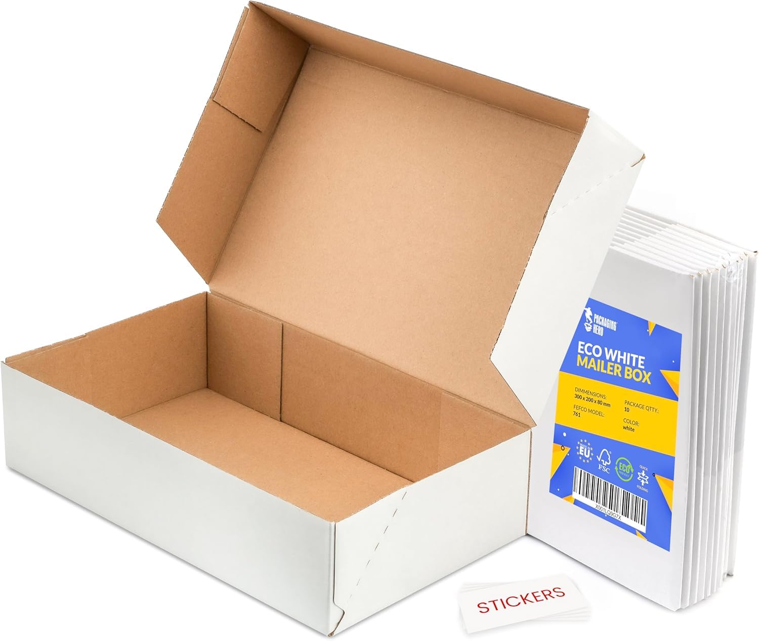 Packaging Hero 32 x 22 x 6 cm White Corrugated Cardboard Mailing Boxes, gift boxes, e-commerce box with free clear round stickers (10 pack) (A4 - size)