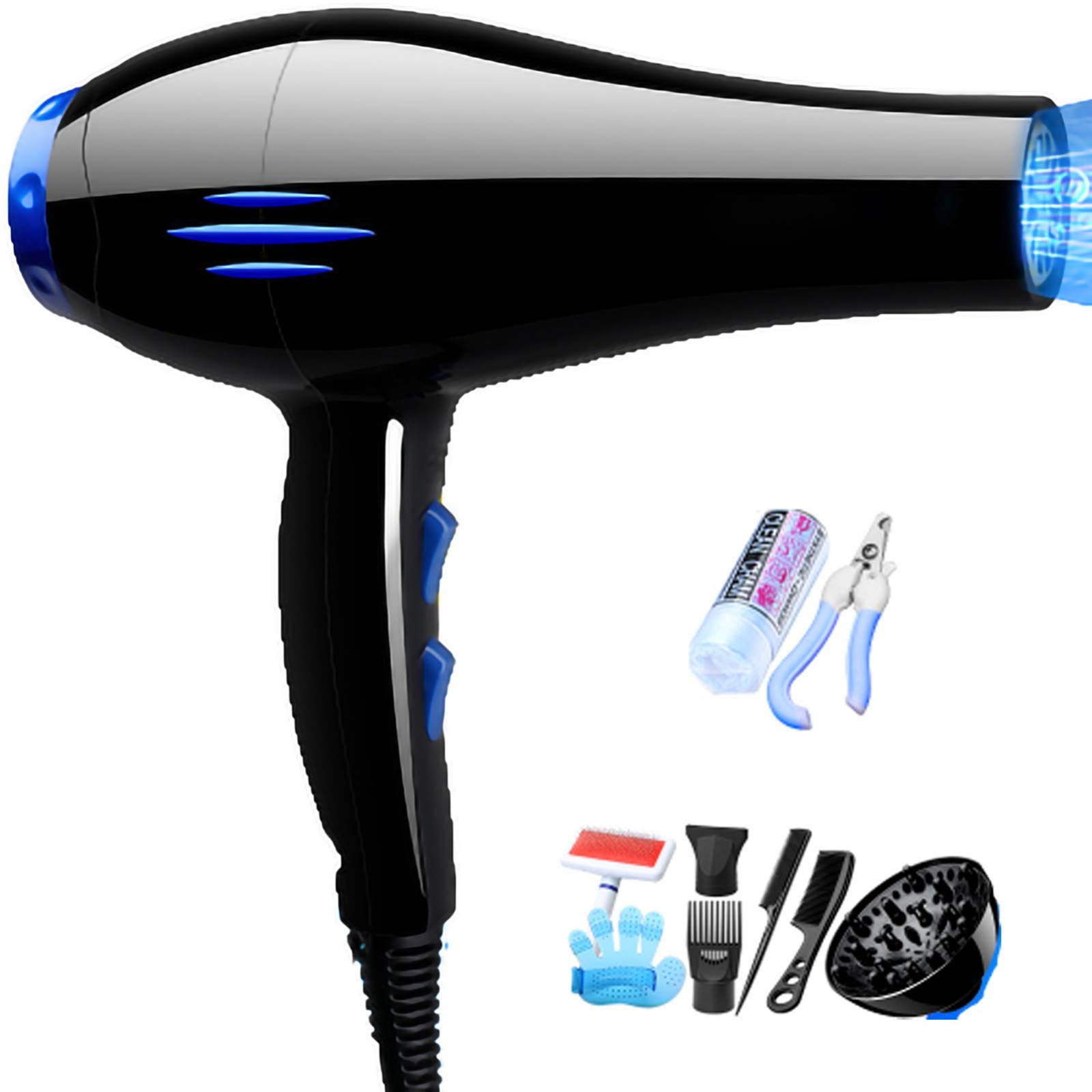 Chien Dog Sechoir Sèche-Cheveux, Professionnel Sèche-Poils pour Chien, Réglable Vitesse du Vent et Plage de Température, sourdine, Lumière Bleue Stérilisation
