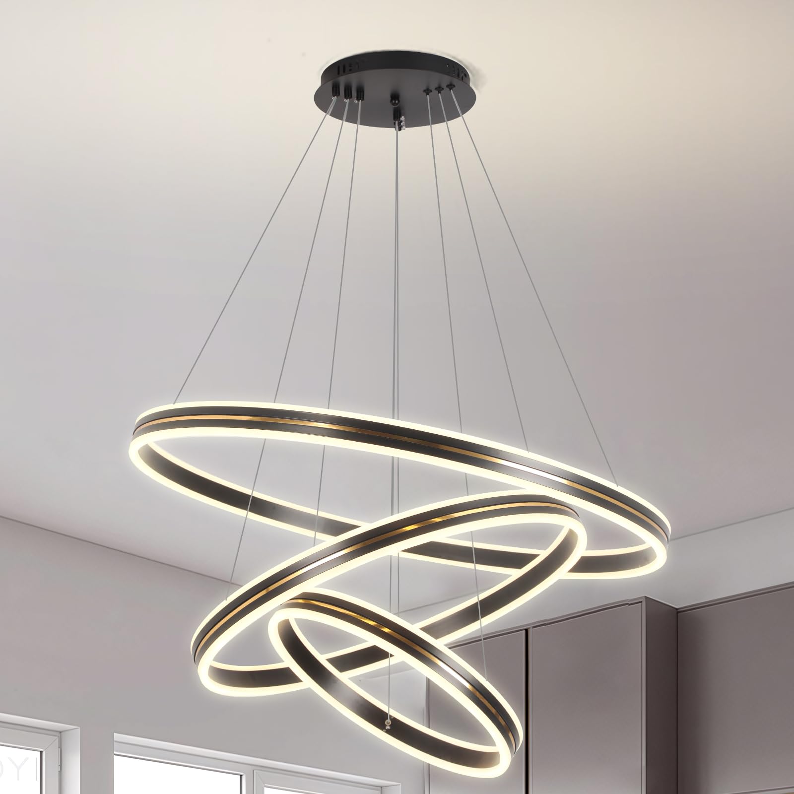 YT YATAI LIGHTING 3- Layer Ring LED Chandelier, Modern LED Pendant Light, 3-Circular Rings Height Adjustable Ceiling Hanging LED Chandeliers for Dining Room Living room and Bedroom,10-15㎡, Black-B