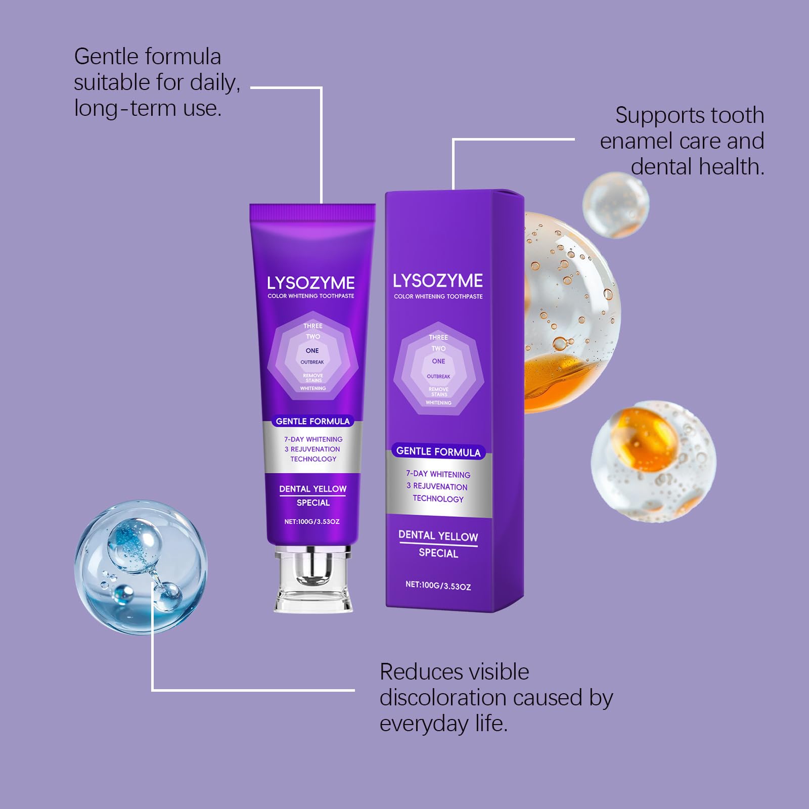 Lysozyme Purple Whitening Dentifricio - Dentifricio correttivo per denti gialli, rimozione delle macchie, respiro fresco, cura dello smalto dei denti, gel delicato per l'igiene orale (5)