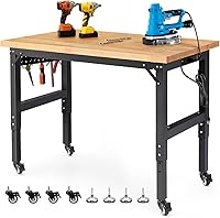 ENJOYWOOD 48" Adjustable Height Garage Workbench with Wheels, Pegboard & Power Outlets - 2500 lbs Rubberwood Top
