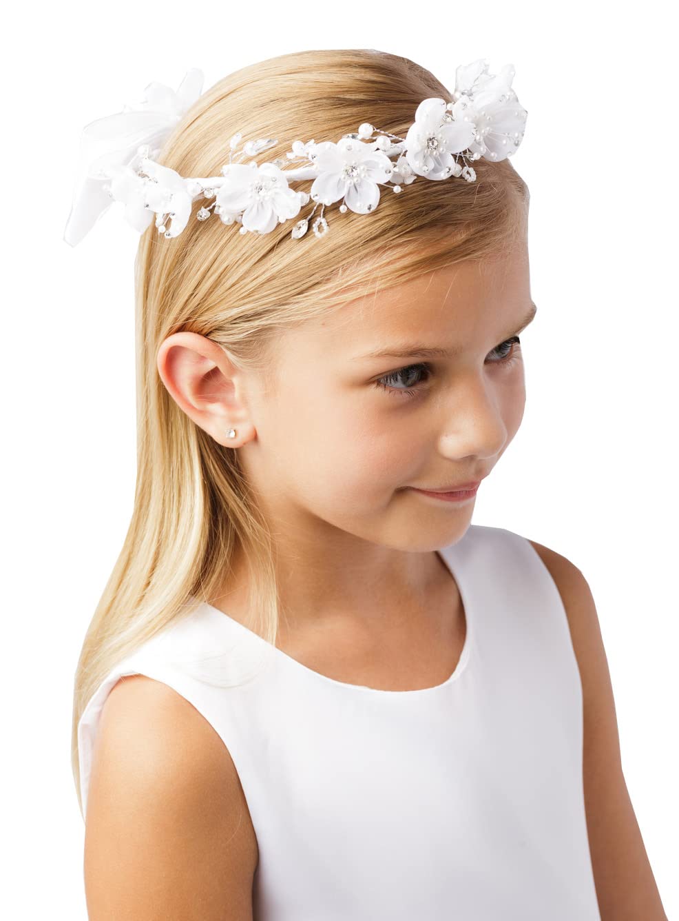 Girls' White Pearl Rhinestone Center Floral Crown First Communion Flower Girl Head Wreath with Veil