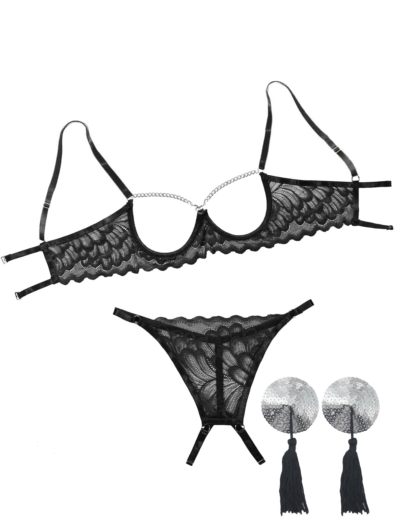 Lilosy Petite Women's Sexy Underwire Floral Lace Sheer Lingerie Set See Through Bra and Panty 4 Pieces Pasties Chain Black X-Small