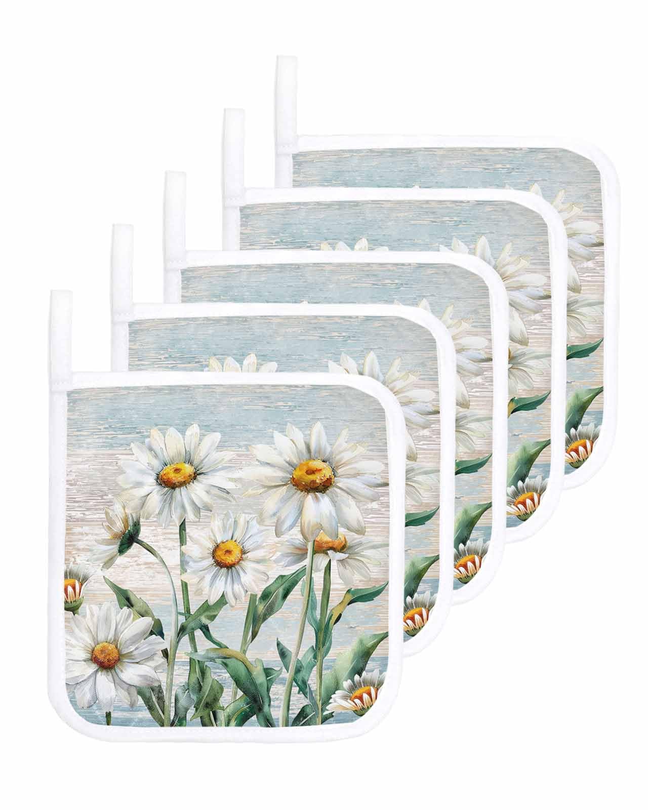 Huotupsine Vintage Flowers Pot Holders for Kitchen Heat Insulation, White Daisy Spring Floral Summer Botanical Potholders Hot Pads with Hanging Loop, Washable Oven Mitts Pot Holder Trivet 5 Pack