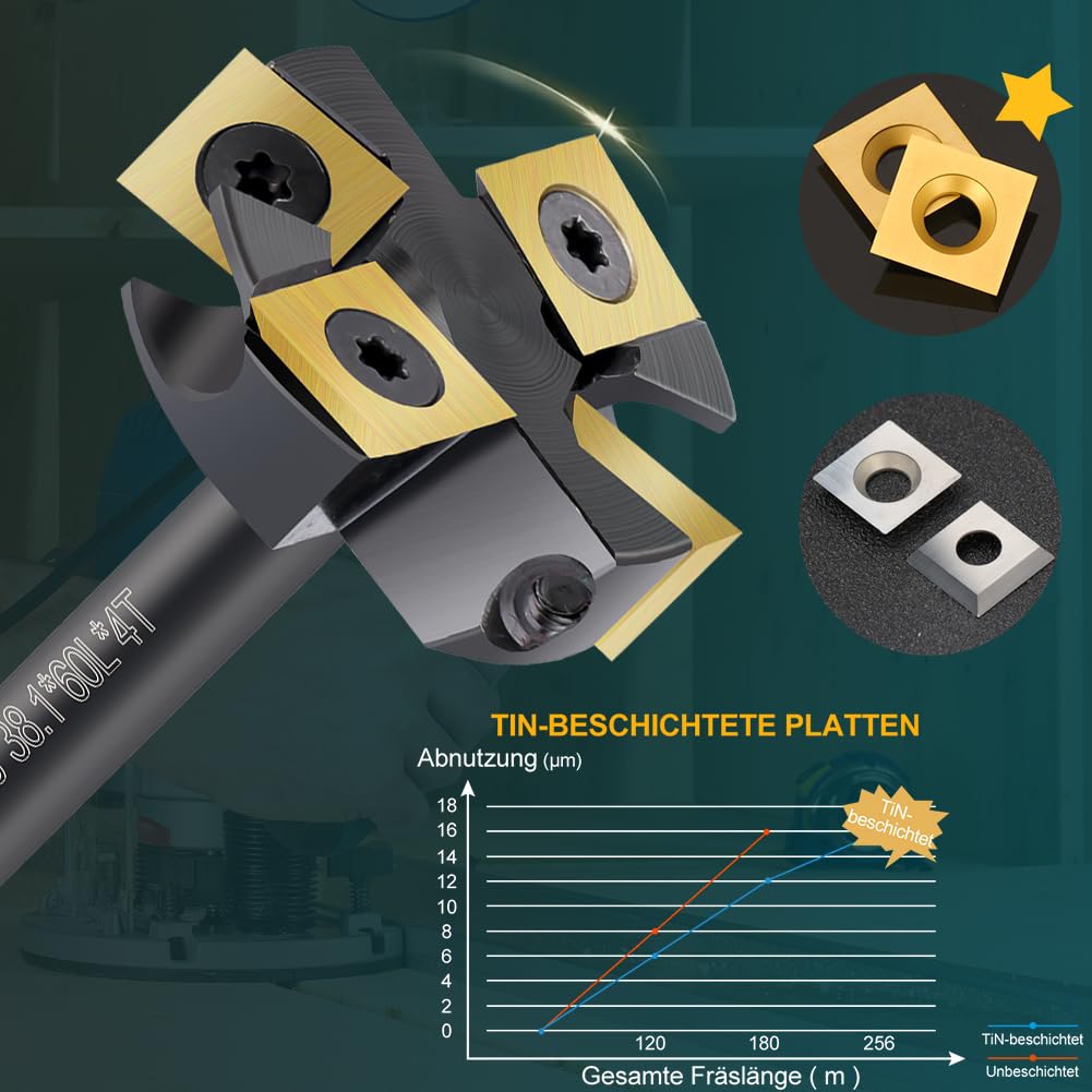 Planfräser 8mm Schaft Nutfräsen 38,1 mm Schnittdurchmesser Planfräser für Oberfräse CNC Holz Fräser mit 4 TiN-besch Hartmetallmessern 12 x 12 mm