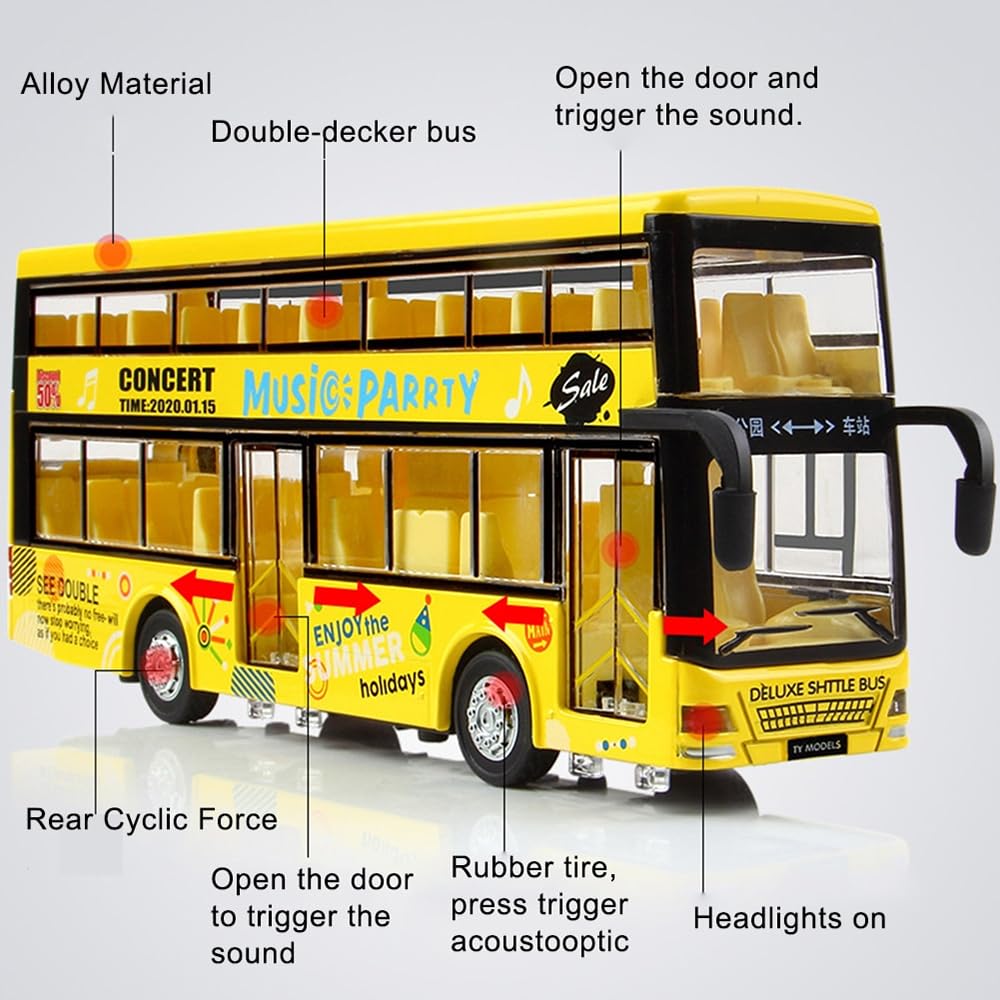 DUWOL Long Double Decker Bus Diecast Alloy Metal Long Bus Open Door Light & Music Model Pull Back Buses Toys for Boy Kids 1