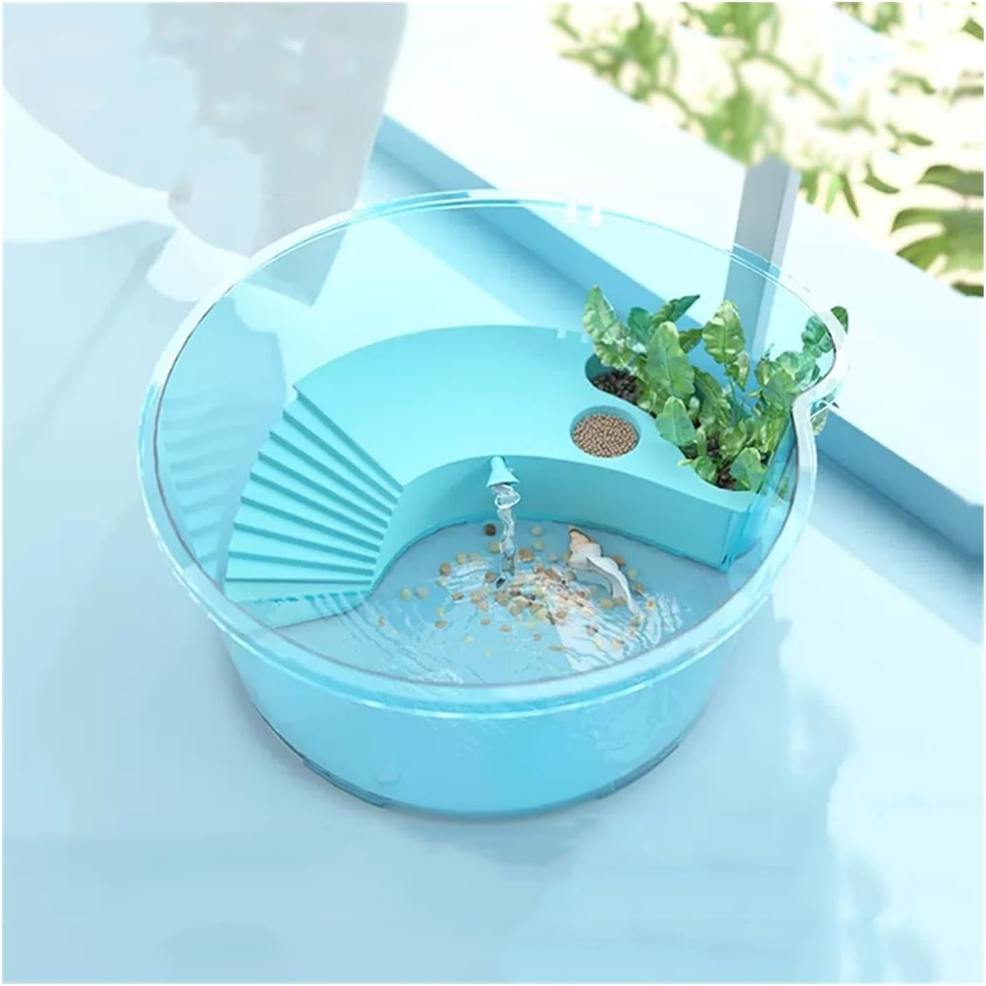 Fish Tank Turtle Tank with Sun Deck Feeding Box can be Planted Aquatic Plants Aquascape Fish Tank Small Household Round Transparent (Size : CH)