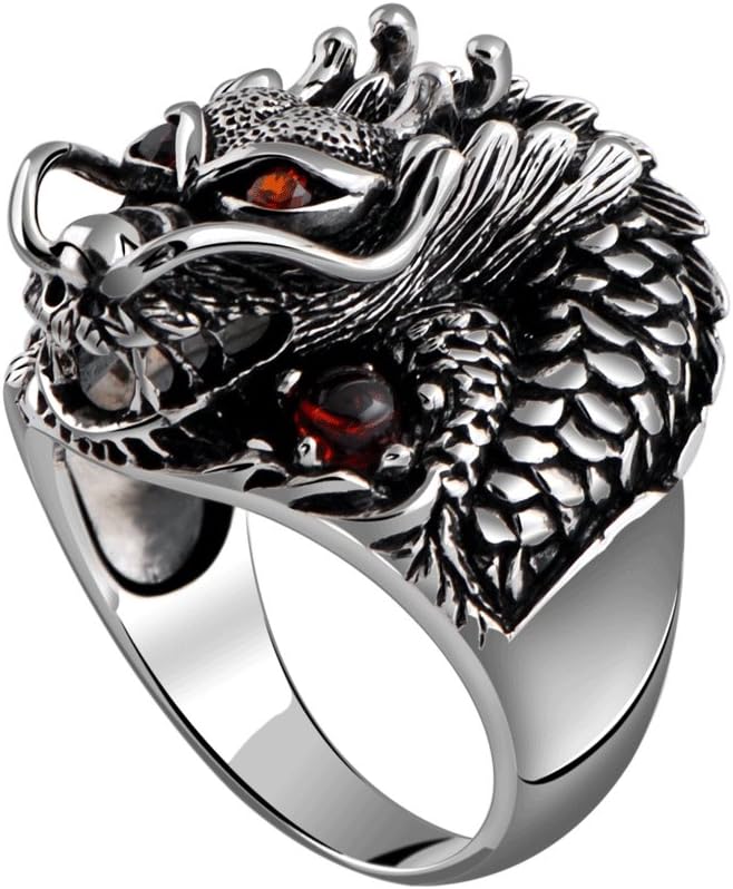 MetJakt Vintage 925 Sterling Silver Domineering Dragon Ring with Ruby Punk Rock Rings for Men's Fine Jewelry
