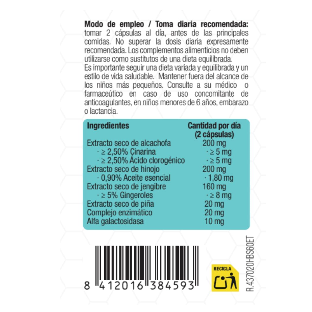 Confort digestivo y vientre plano con Alcachofa, Hinojo y Jengibre – HERBESON HERB DIGEST | Complemento vegano sin gluten con enzimas digestivas y Piña – 60 cápsulas (60)