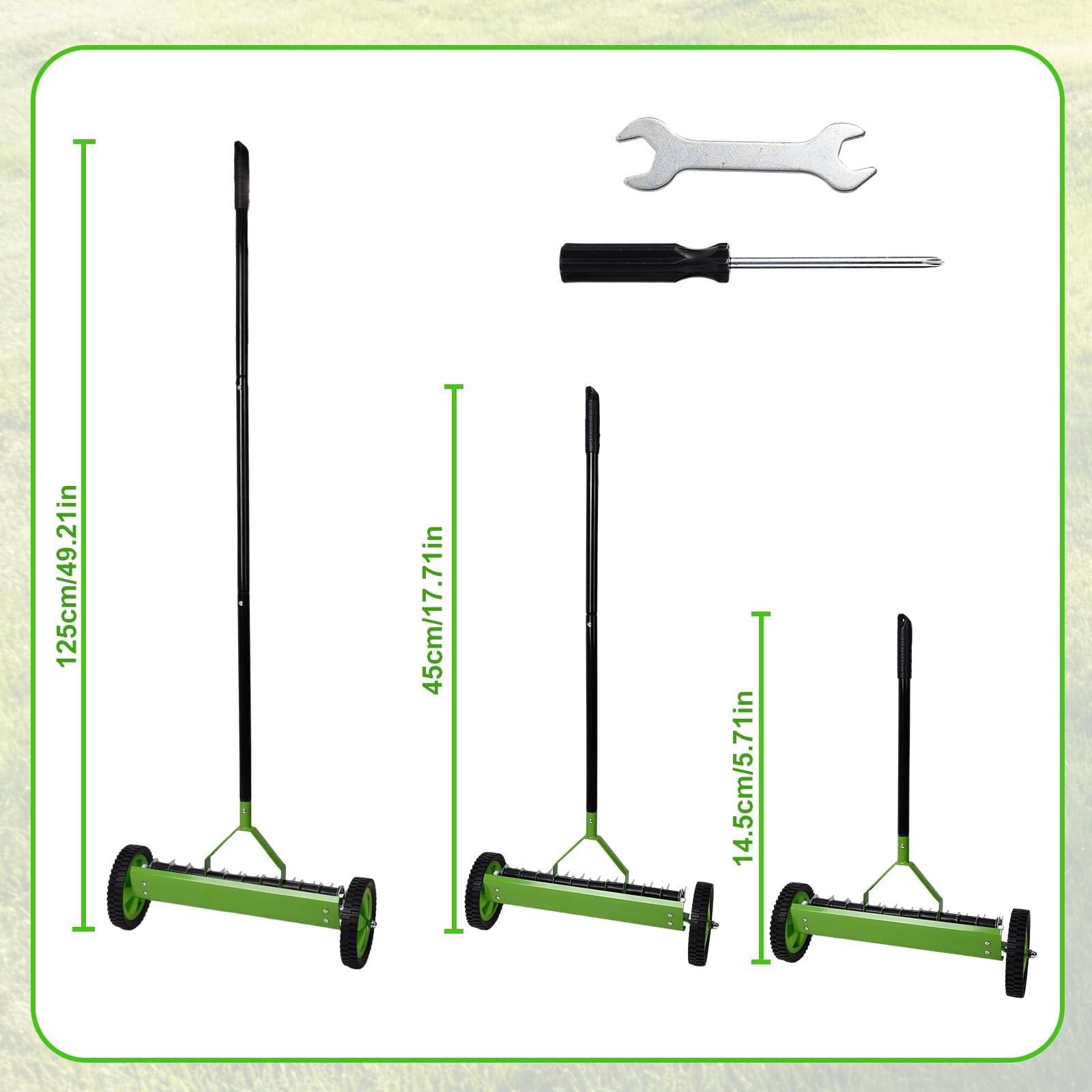 Rastrillo Escarificador de Césped Resistente, Multifuncional Rastrillo para Césped con Ruedas para Eliminar Residuos y Mantener el Jardín