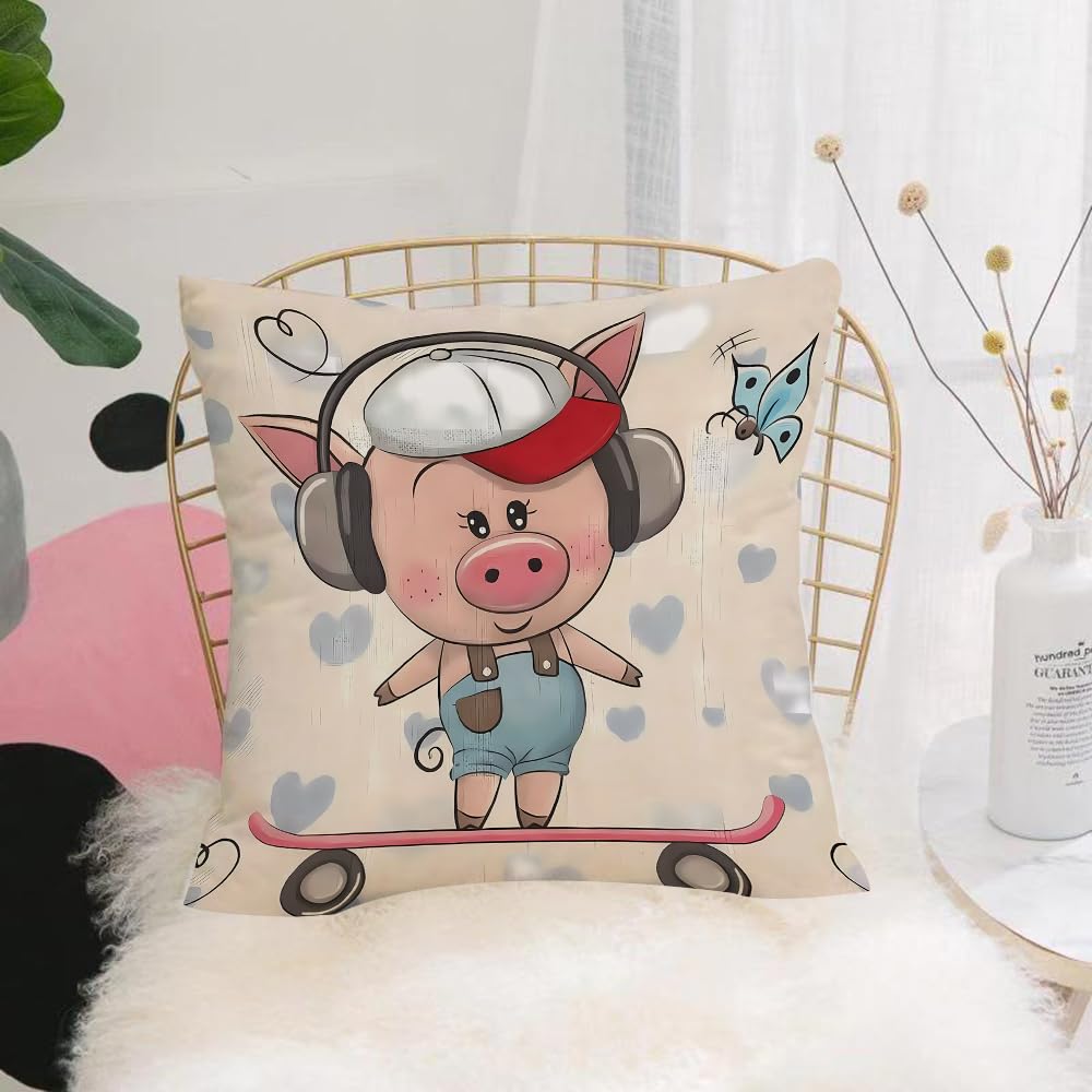 HYMSXW Cushion Cover,Throw Pillow Case Home Decorative for Living Room Bedroom Sofa Chair 20X20 Inch,Cute Cartoon Piggy with skateboard and butterfly,Pillowcase 50X50cm