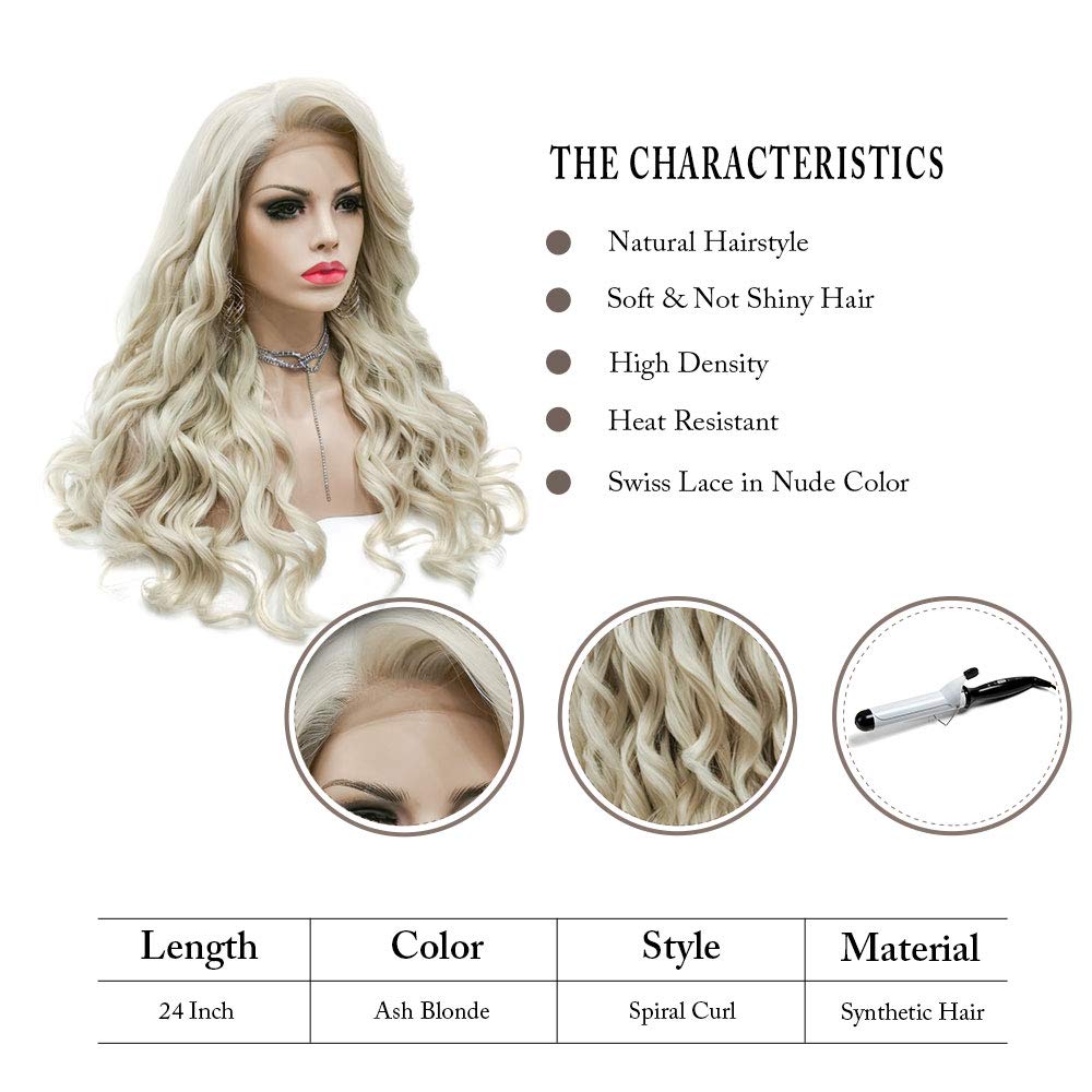 Imstyle Pelucas rubias para mujer, color rubio ceniza, con encaje frontal, pelo sintético, largo y rizado, resistente al calor, 61 cm