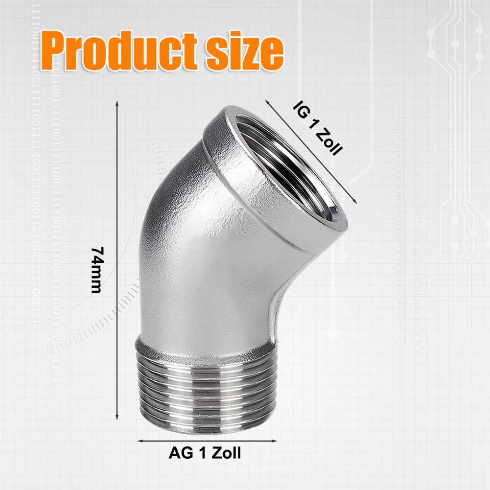 Raccord de tuyau en acier inoxydable 304 - Coude à 45 degrés - Coude à 45 degrés | Raccord coudé en acier inoxydable 1" vers 1" AG, raccord coudé à 45°, DN25 pour installations d'irrigation (1 pièce)