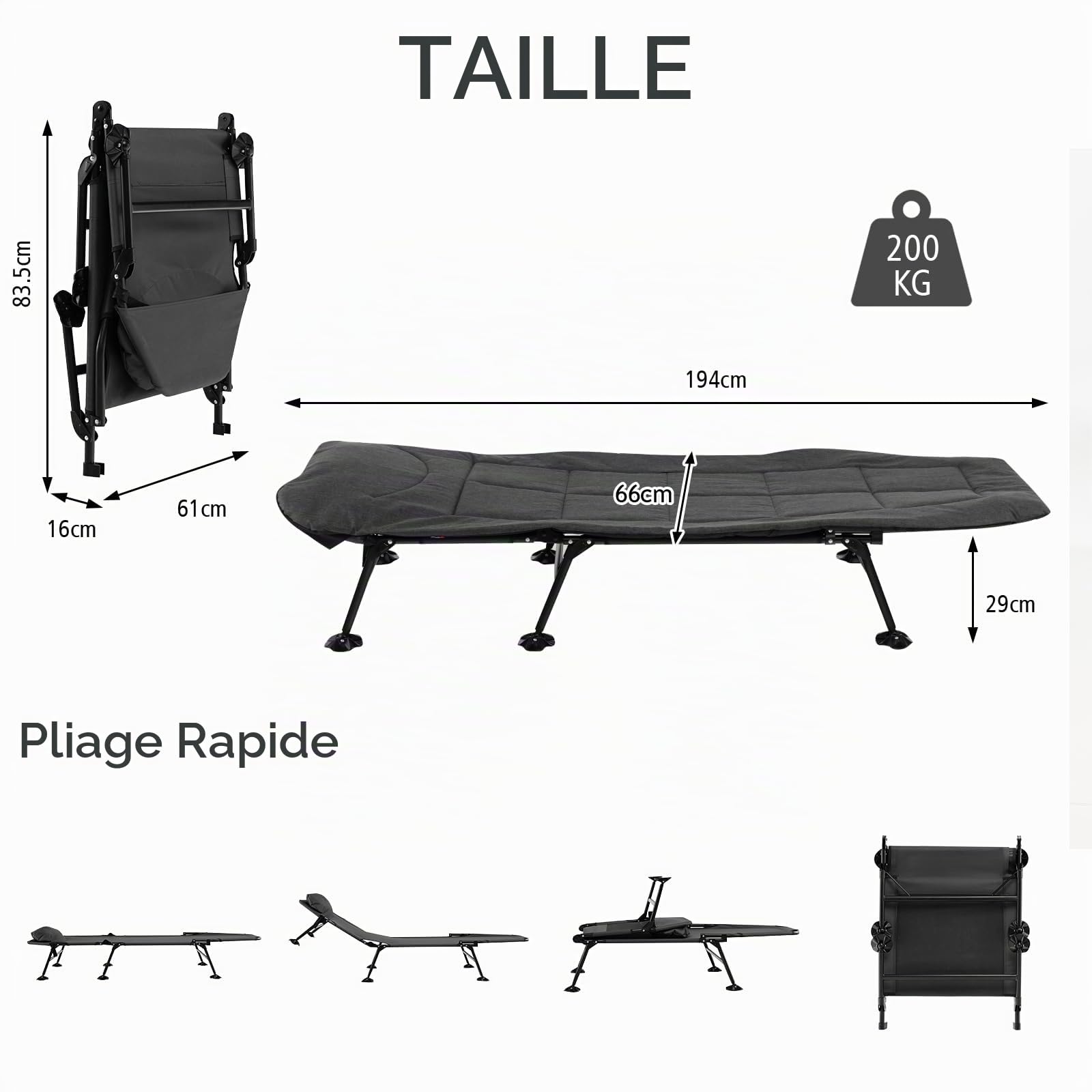 KOMFOTTEU Lit de Camping Pliant, Dossier 6 Positions, Matelas Amovible